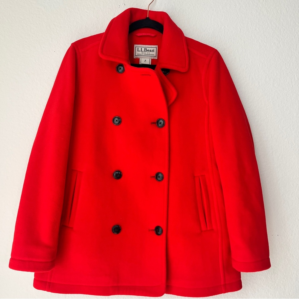 L.L.Bean Bright Red Peacoat Double Breasted Petite‎ Medium Statement Jacket